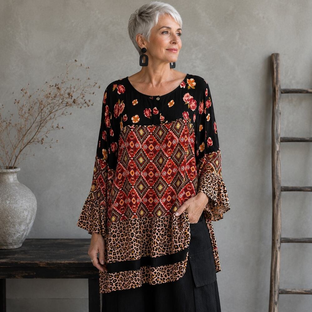Calessa Black Red  multi leopard floral Pop Over  top 1x